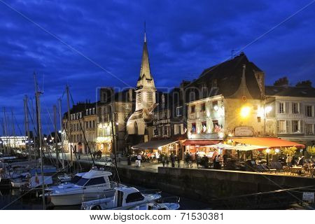 Old Urban Port At Night In Honfleur Town, France