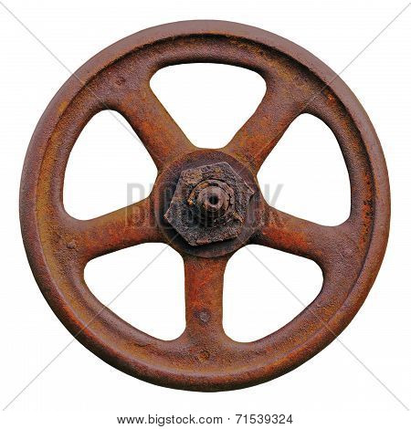 Industrial Valve Wheel And Rusty Stem, Old Aged Weathered Rust Grunge Latch Macro Closeup Isolated