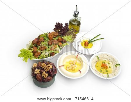 Arabic food of Hommos, Labneh,Fattoush, & Dates served during Ramdan