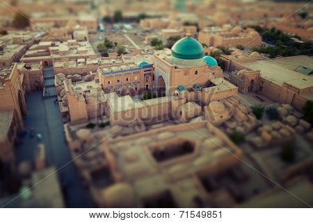 Ancient town of Itchan Kala in the middle of city of Khiva, Uzbekistan. Tilt shift effect used