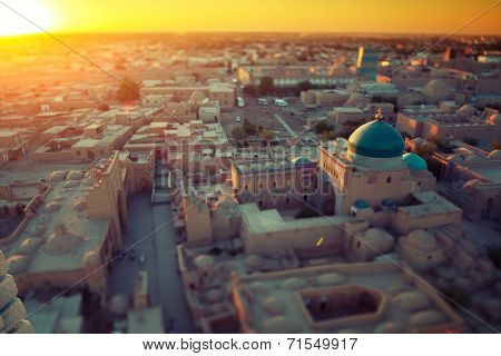 Ancient town of Itchan Kala in the middle of city of Khiva, Uzbekistan. Tilt shift lens used