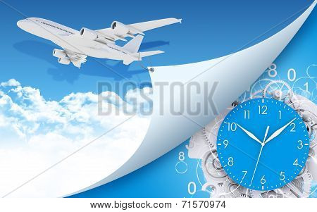 Airplane and clock face, gears with figures