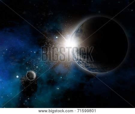 Space themed background with Earth, nebula and stars - elements of this image furnished by NASA