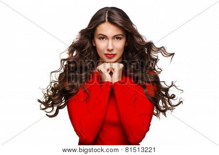 Gentle beautiful woman with curly hair