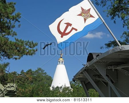 Flag Of The Navy Of Russia On The Background Of The Chapel On Sapun Mountain