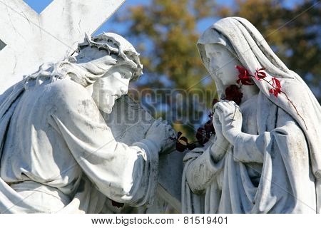 MARIJA BISTRICA, CROATIA - OCTOBER 26: 4th Stations of the Cross, Jesus meets His Mother,  pilgrimage Sanctuary, Assumption of the Virgin Mary in Marija Bistrica, Croatia, on October 26, 2013