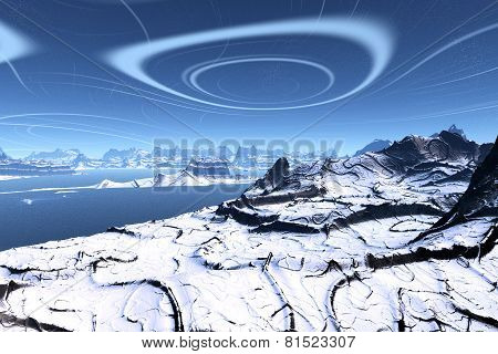 3D Rendered Fantasy Alien Planet. Rocks And Lake