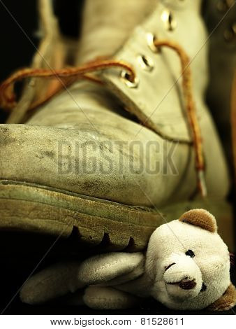 Teddy Bear Crushed By A Heavy, Old Military Boot.