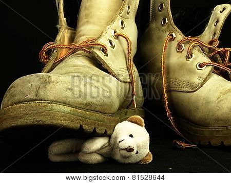 Teddy Bear Crushed By A Heavy, Old Military Boot.
