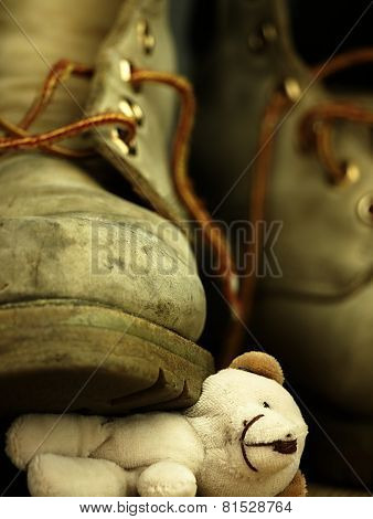 Teddy Bear Crushed By A Heavy, Old Military Boot.