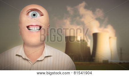 Scary mutant against nuclear power plant. Ecology metaphor.