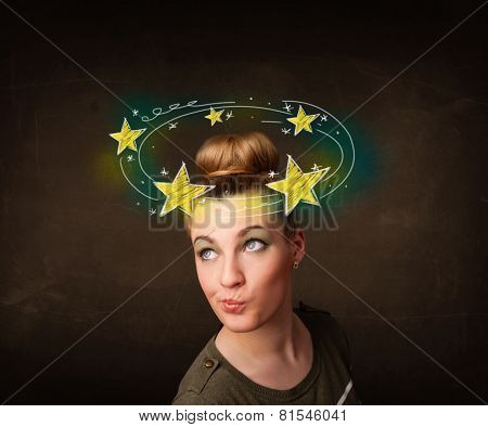 Young girl with yellow stars circleing around her head illustration