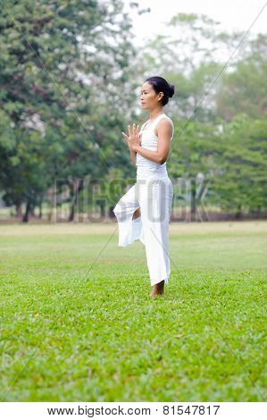Beautiful Woman Practicing Yoga In The Park