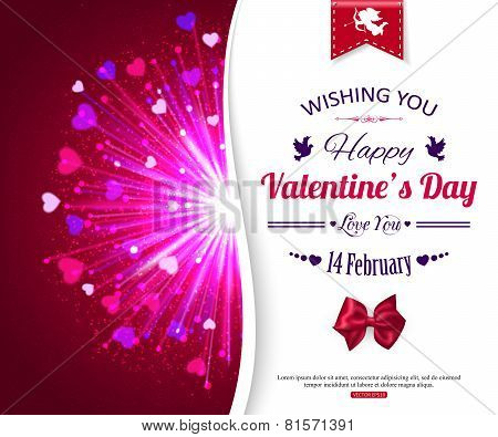 Happy Valentines day typographical glow holiday background with shining fireworks, blurred bokeh lig