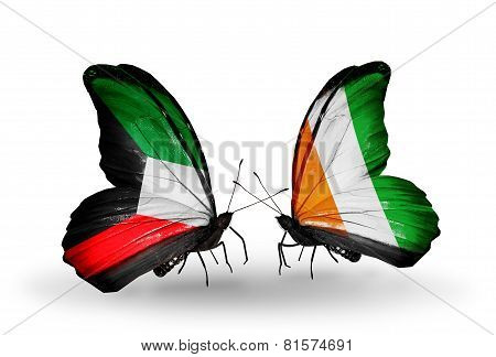 Two Butterflies With Flags On Wings As Symbol Of Relations Kuwait And Cote Divoire