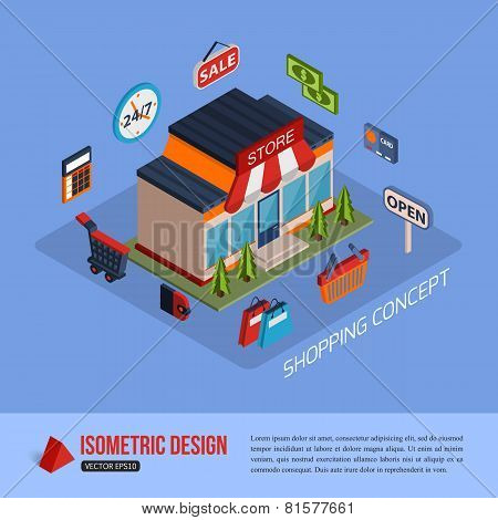 Isometric shopping concept background with place for text.
