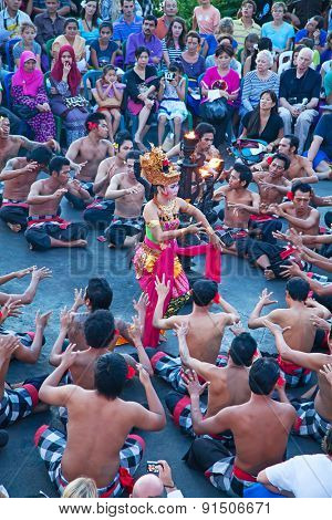 DENPASAR - JULY 27: Traditional Balinese Kecak dance shown in Denpasar, Bali, Indonesia on July 27, 2010. Kecak (also known as Ramayana Monkey Chant) is very popular cultural show on Bali