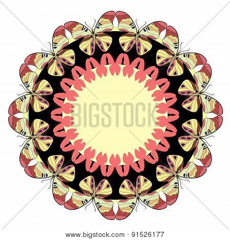 Round vector pattern with colorful butterflies.Frame for text.
