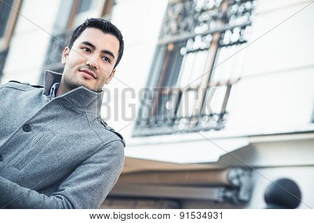 Portrait Of A Serious Young Man, Coldy Morning. Outdoors - Outside