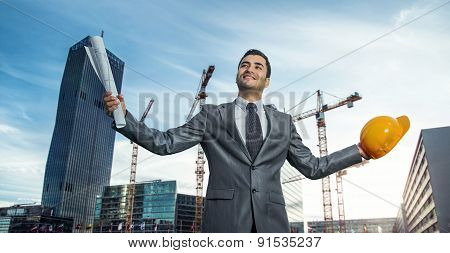 Successful Engineer Or Architect, Crane And Building Construction At Backgrpound. Confident - Clever