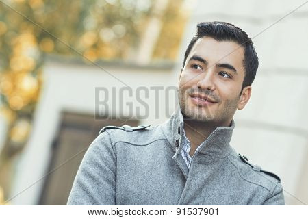 Portrait Od Smiling Gorgeous Young Attractive Man, Outdoor - Outside Coldly Morning