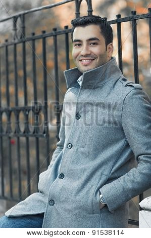 Portrait Od Smiling Gorgeous Young Attractive Man, Outdoor - Outside Coldly Morning