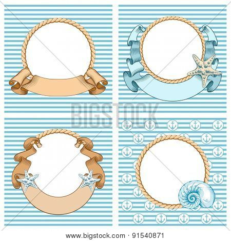 Rounded cute Nautical backgrounds with anchor, rope, ribbon, shell and a starfish. Vintage vector illustration.