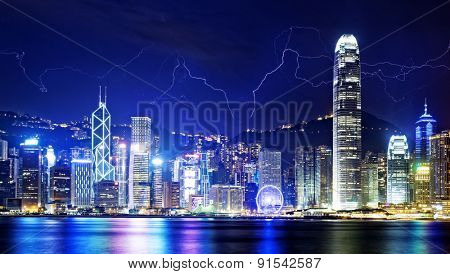Lightning storm in the Hong Kong island night sky.