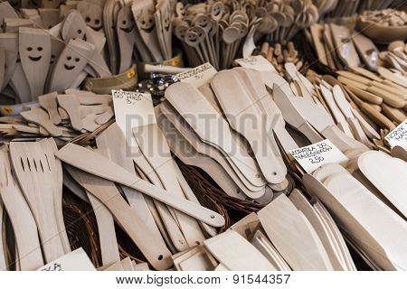 Carved Cups, Spoons, Forks And Other Utensils Of Wood