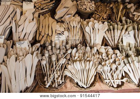 Carved Cups, Spoons, Forks And Other Utensils Of Wood