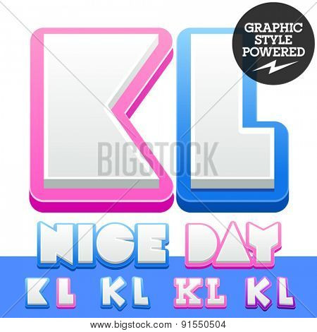 Vector cute alphabet for children. Nice white with blue  or pink letters and numbers for boys and girls. Letters K L