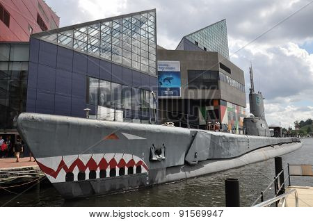 Old Submarine, USS Torsk, moored alongside the National Aquarium at Baltimore's Inner Harbor