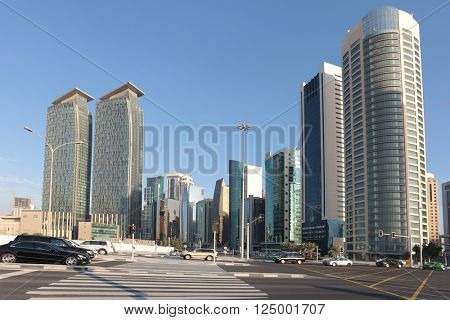 DOHA, QATAR - FEBRUARY 17, 2016: Doha's Dafna business district seen from the Corniche junction. 