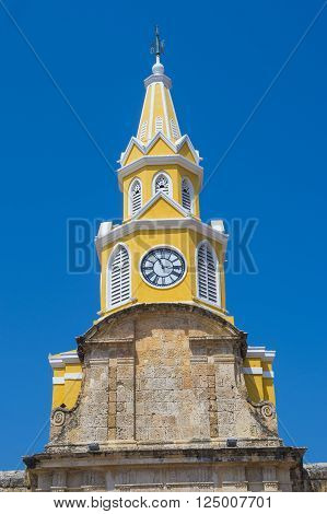 CARTAGENA COLOMBIA - FEB 04 : The Clock tower in the entrance to the old town of Cartagena Colombia on Februery 04 2016. The historic port city Cartagena is UNESCO World Heritage Site since 1984.