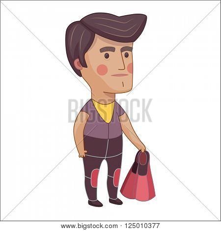 Scuba Diver, cartoon vector illustration, a young man wearing diving suit and holding flippers in his hand
