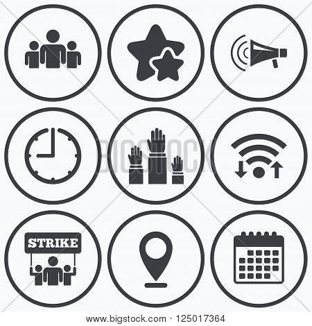 Clock, wifi and stars icons. Strike group of people icon. Megaphone loudspeaker sign. Election or voting symbol. Hands raised up. Calendar symbol.