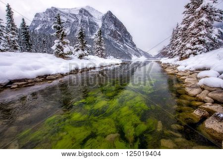 Green stream in a winter wonderland in the mountains.