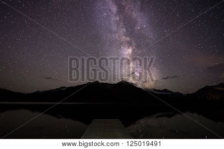 Milky way over lake and dock in the mountains
