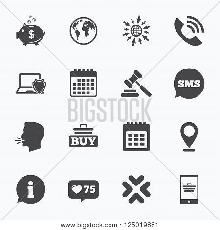 Calendar, go to web and like counter. Online shopping, e-commerce and business icons. Auction, phone call and information signs. Piggy bank, calendar and smartphone symbols. Sms speech bubble, talk symbols.