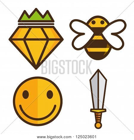 Bee cartoon character and diamond , smile moon and sward