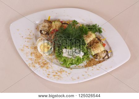 eggplant rolls with spicy stuffing greens eggs and nut seasoning