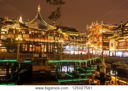 Chinese traditional Yuyuan Garden building scenery in night illumination, Shanghai