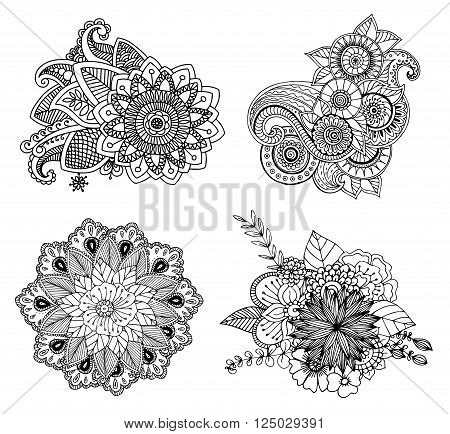 Vector abstract pattern of tattoo henna. Stock mehndi set for design on white background.