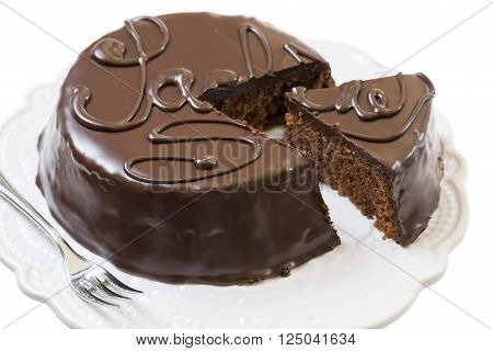 traditional sacher cake sliced on white plate
** Note: Shallow depth of field