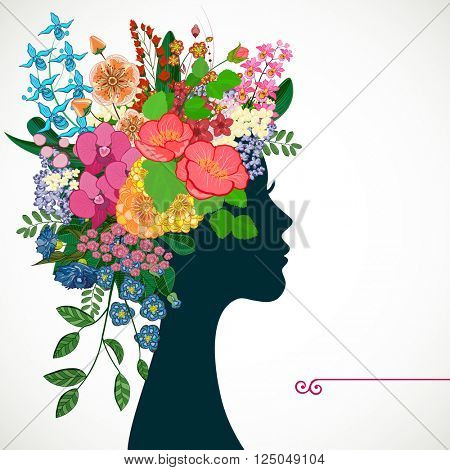 Beautiful profile young woman with tropicl flowers in heir hair. Illustration greeting card beauty and fashion. 