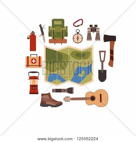 Vector illustration of camping concept. Hiking and tourism camping concept background. Camping concept symbols: backpack, compass, flashlight, guitar, boot. Camping concept background in flat style.