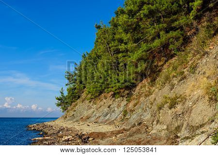 Picturesque Black sea coast, covered with forest, Tuapse, Krasnodar Krai, Russia.