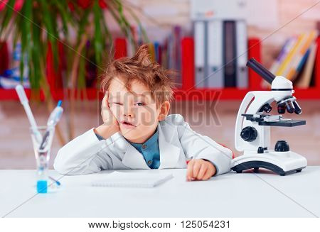 Young Boy, Kid Is Bored At Practical Lesson In The School Lab