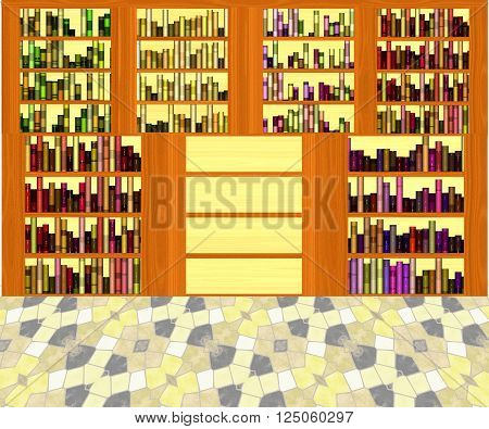 Interior of library with 3d book shelves and mosaic floor