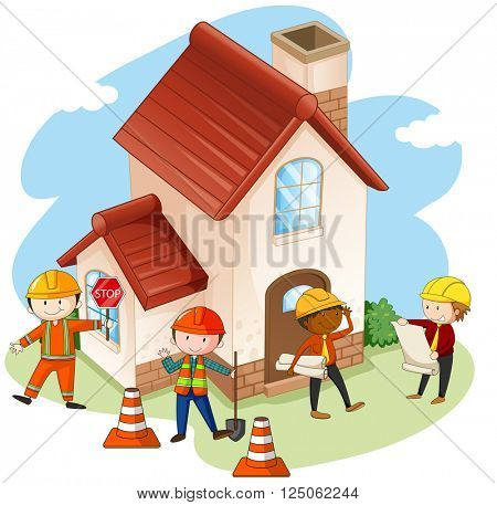 Construction workers building house illustration